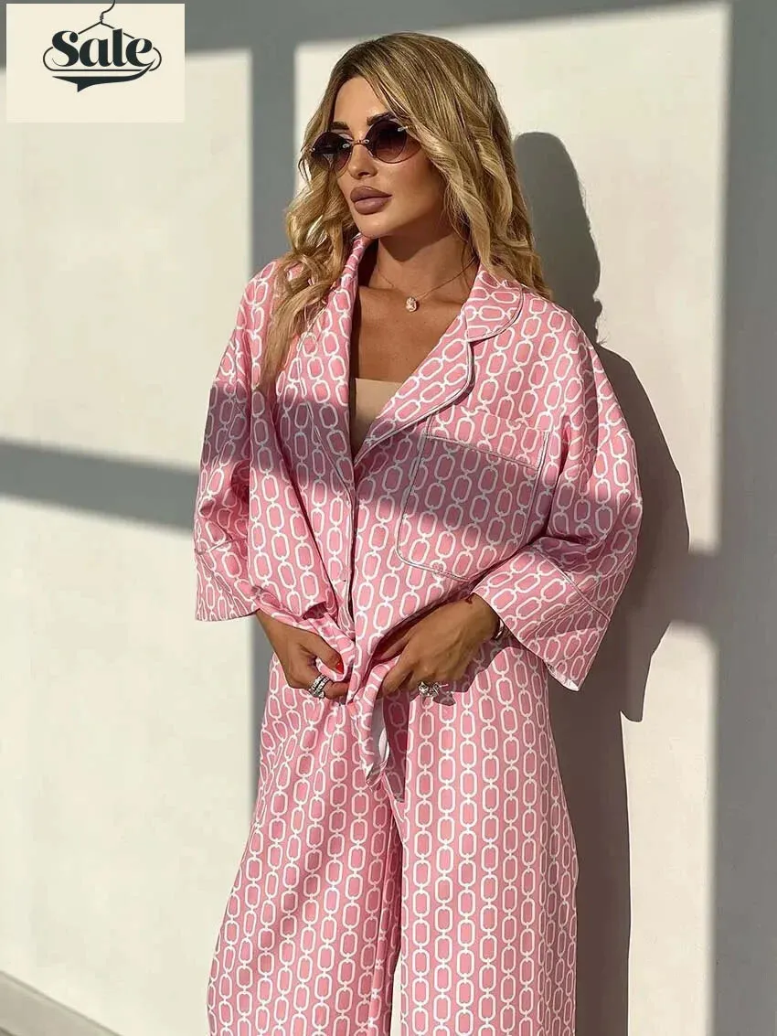 Geometric Print Loungewear Notched Lapel Shirt & Pants