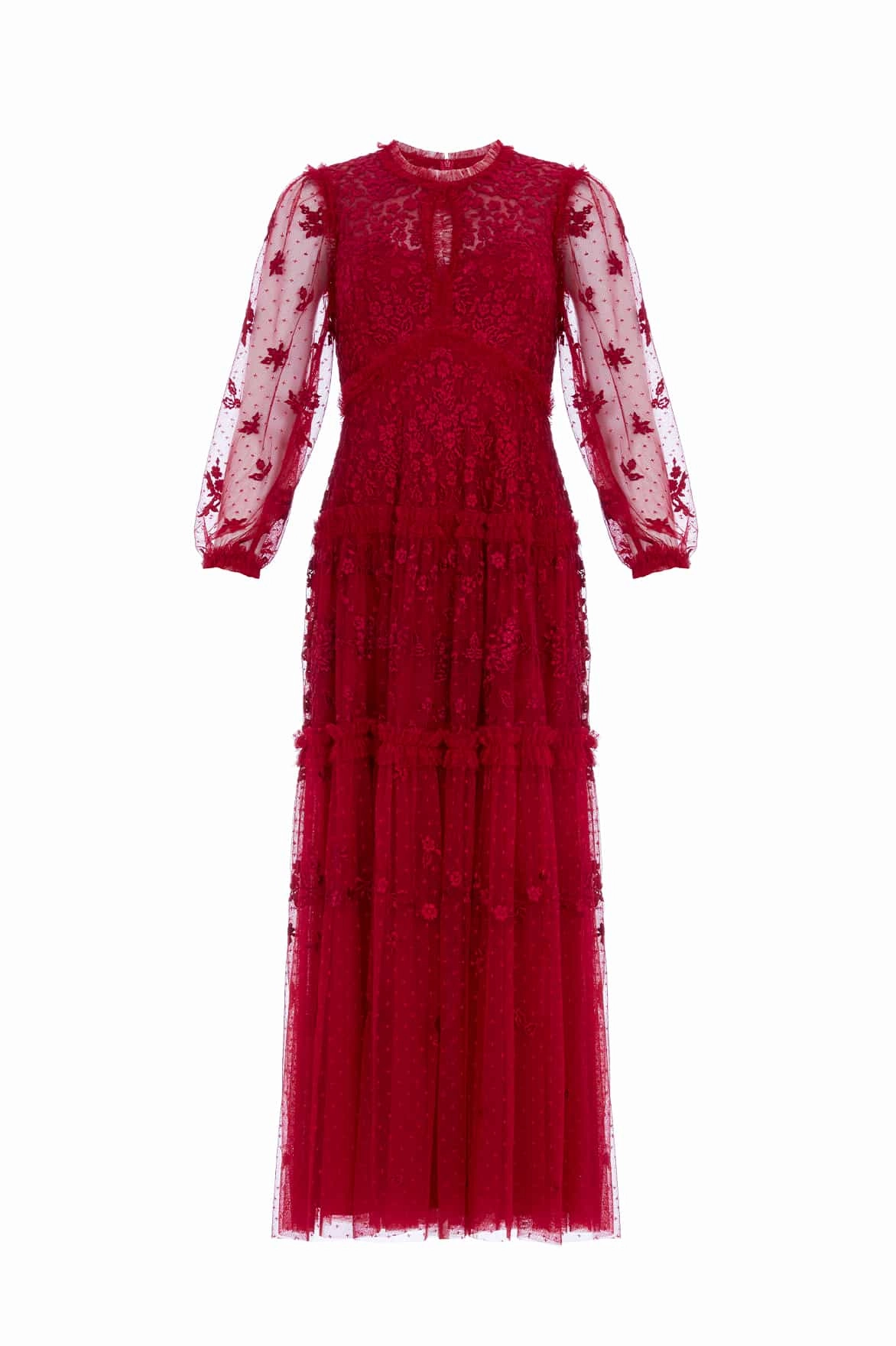 Gemstone-Detail Modern Twist Autumn Lace Long Sleeve Ankle Gown