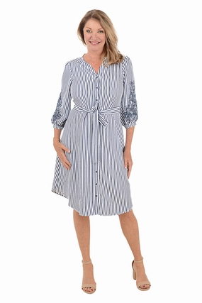 Casual chic dress Sunset Scene Embroidered Sleeve Seersucker Stripe Dress