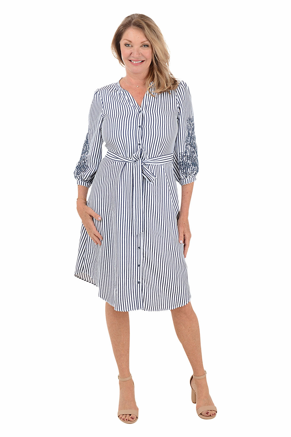 Casual chic dress Sunset Scene Embroidered Sleeve Seersucker Stripe Dress
