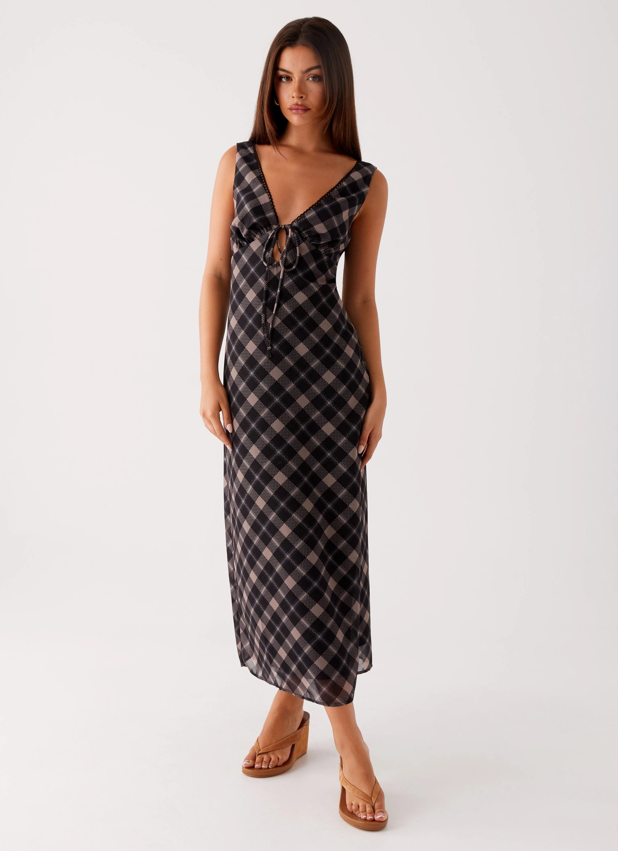 Gianna Midi Dress - Taupe Check Minimal Details