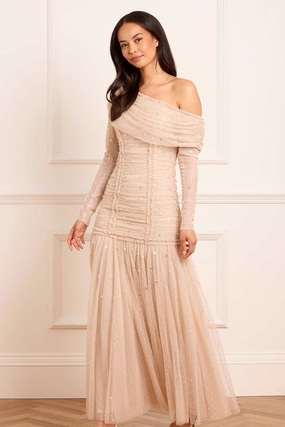 Gigi Dot One-Shoulder Rouched Gown Shine Dressy