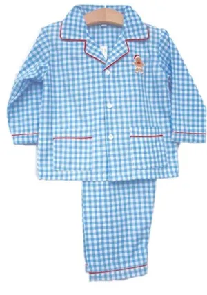 Gingerbread Blue Gingham Kids Christmas Pajamas Lightweight