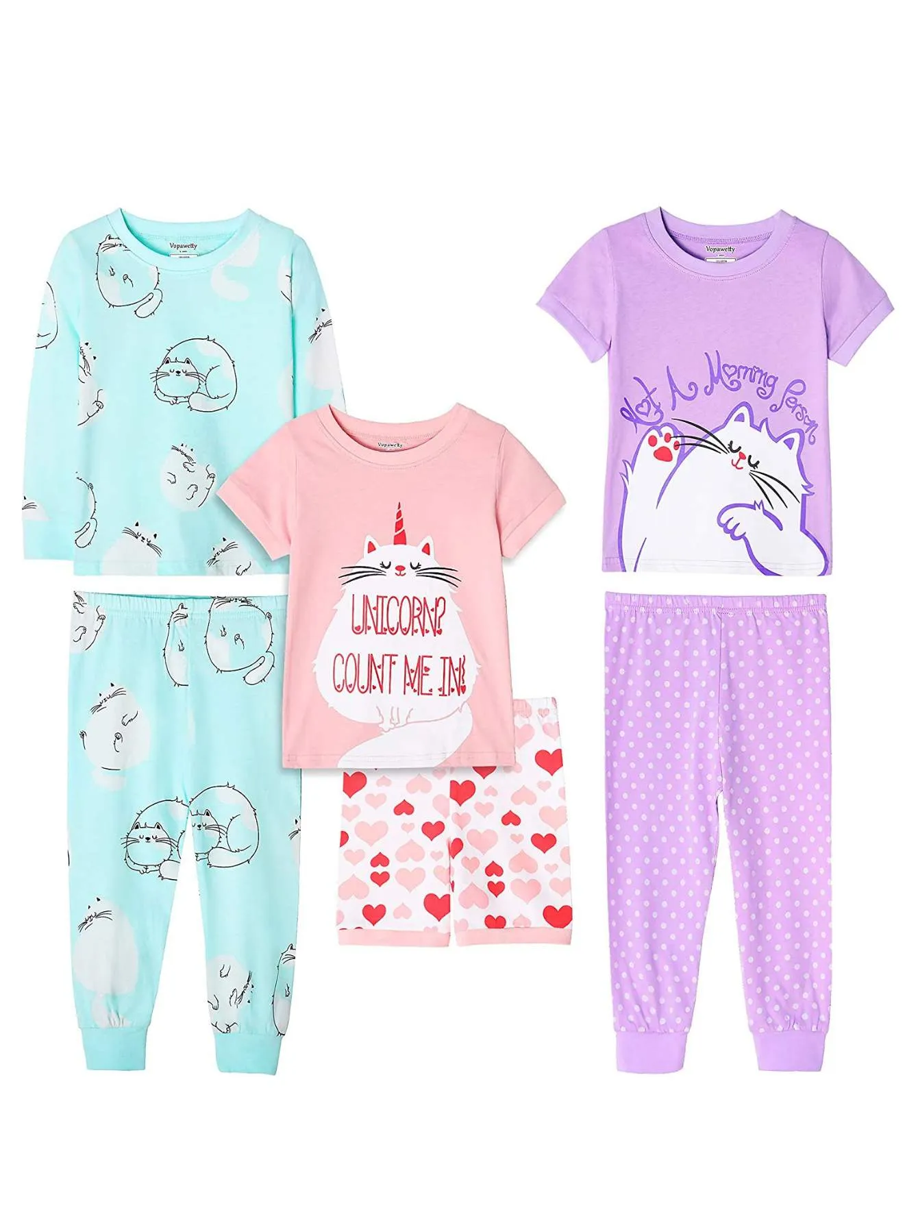 Girls' 6-Piece Snug-Fit Cotton Pajama Set Sleepwear Cat