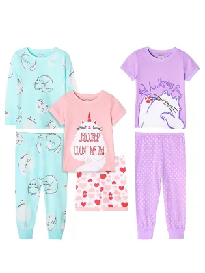 Girls' 6-Piece Snug-Fit Cotton Pajama Set Sleepwear Cat