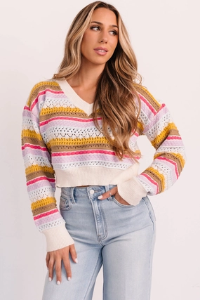 EasyCare Material Bohemian style Girly Things Striped V Neck Sweater (Ivory/Multi)
