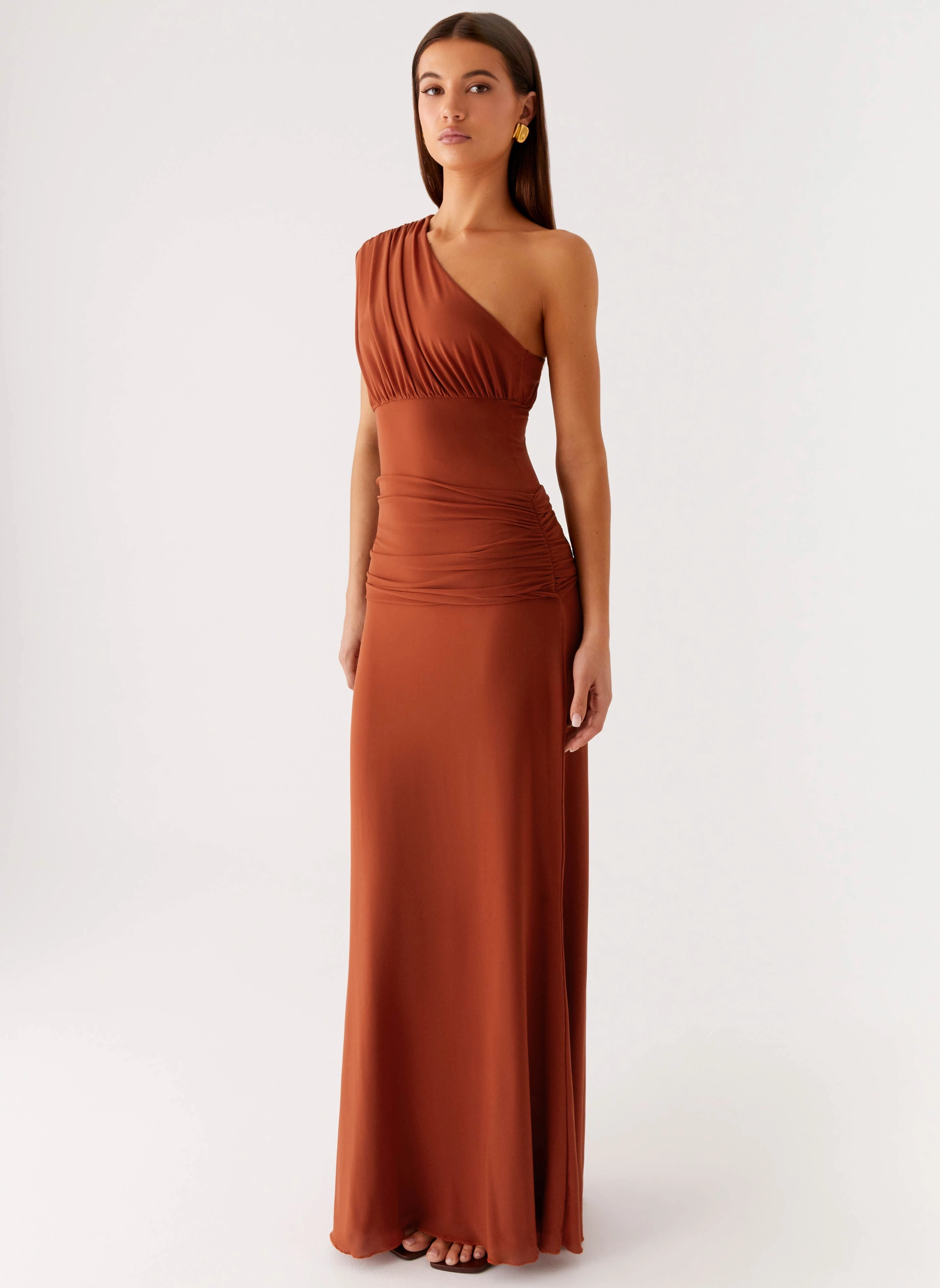 BiasCutSilhouette Gathered-Detail Glimmer Maxi Dress - Rust