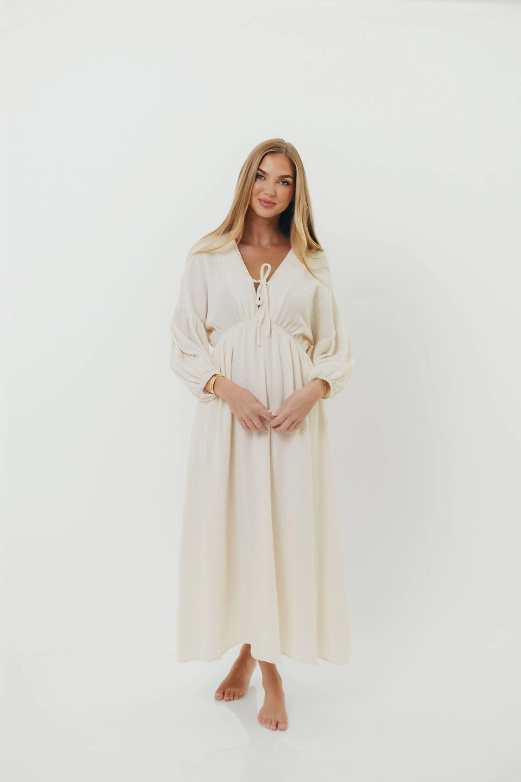Hunter 100% Cotton Gauze Midi Dress in Soy - Bump Friendly Comfy Flex