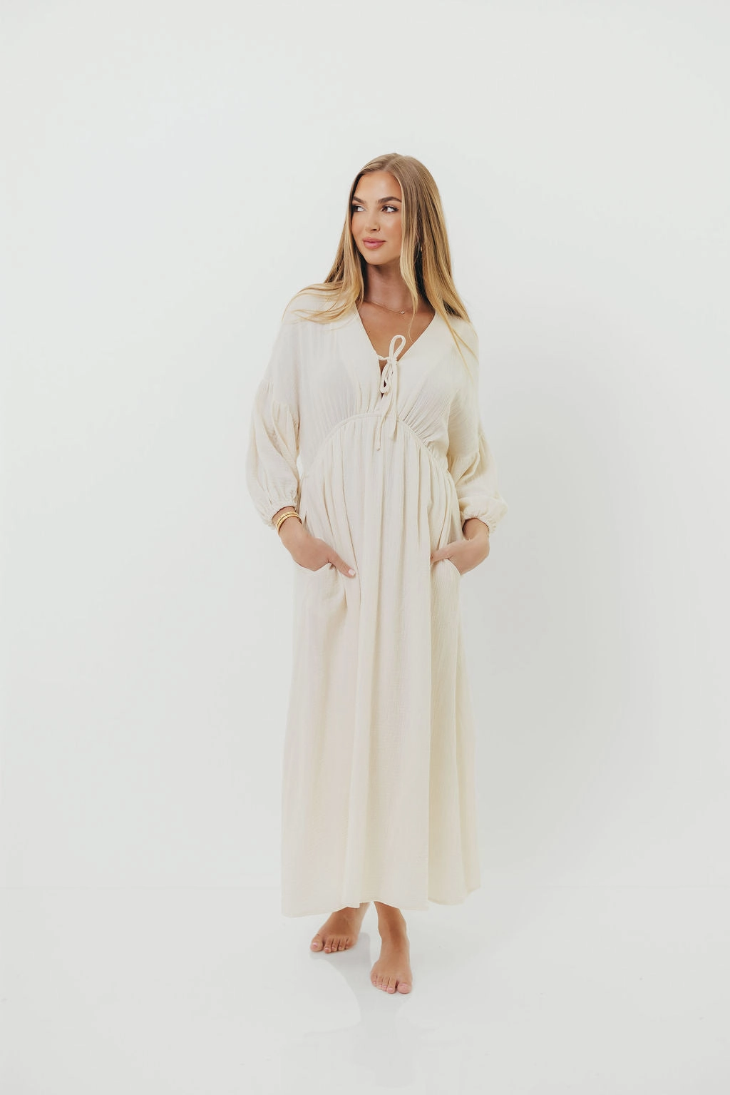 Bright Vibe Hunter 100% Cotton Gauze Midi Dress in Soy - Bump Friendly