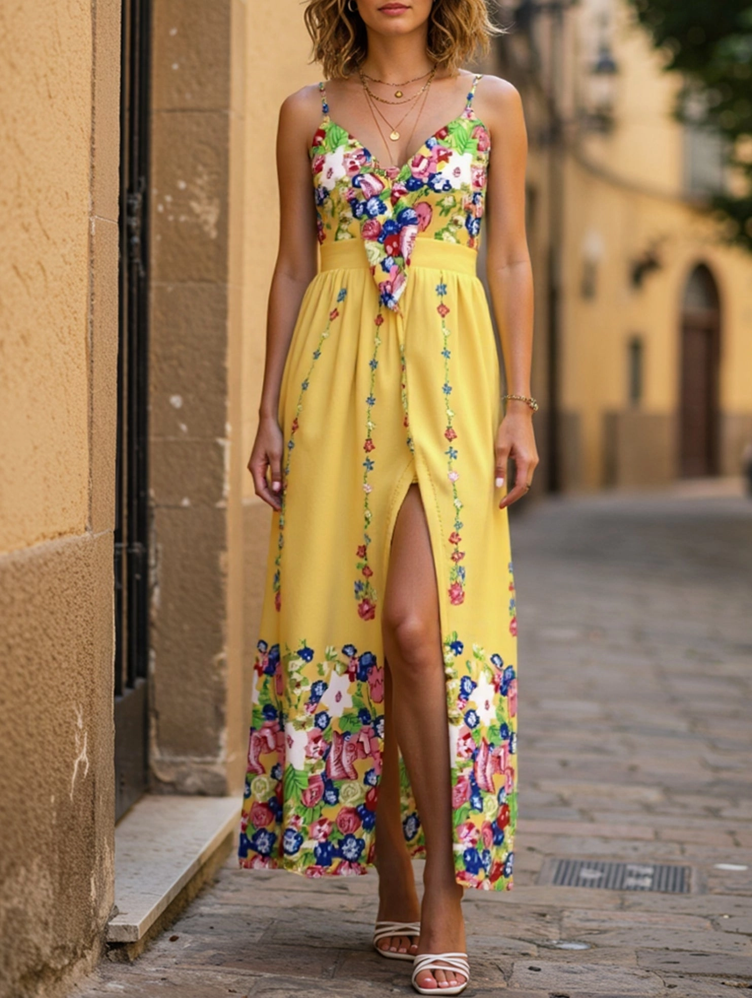 LACE-UP SEXY HALTER DRESS COVERED IN FLOWERS Quick Drying Clean Touch