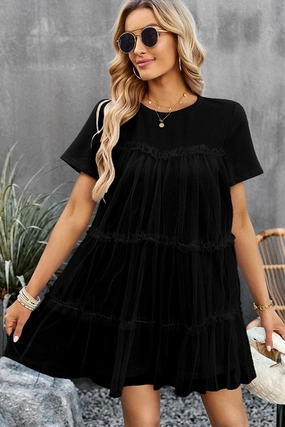 Breathable Comfort Wear ROUND NECK GAUZE SPLICING SHORT DRESS