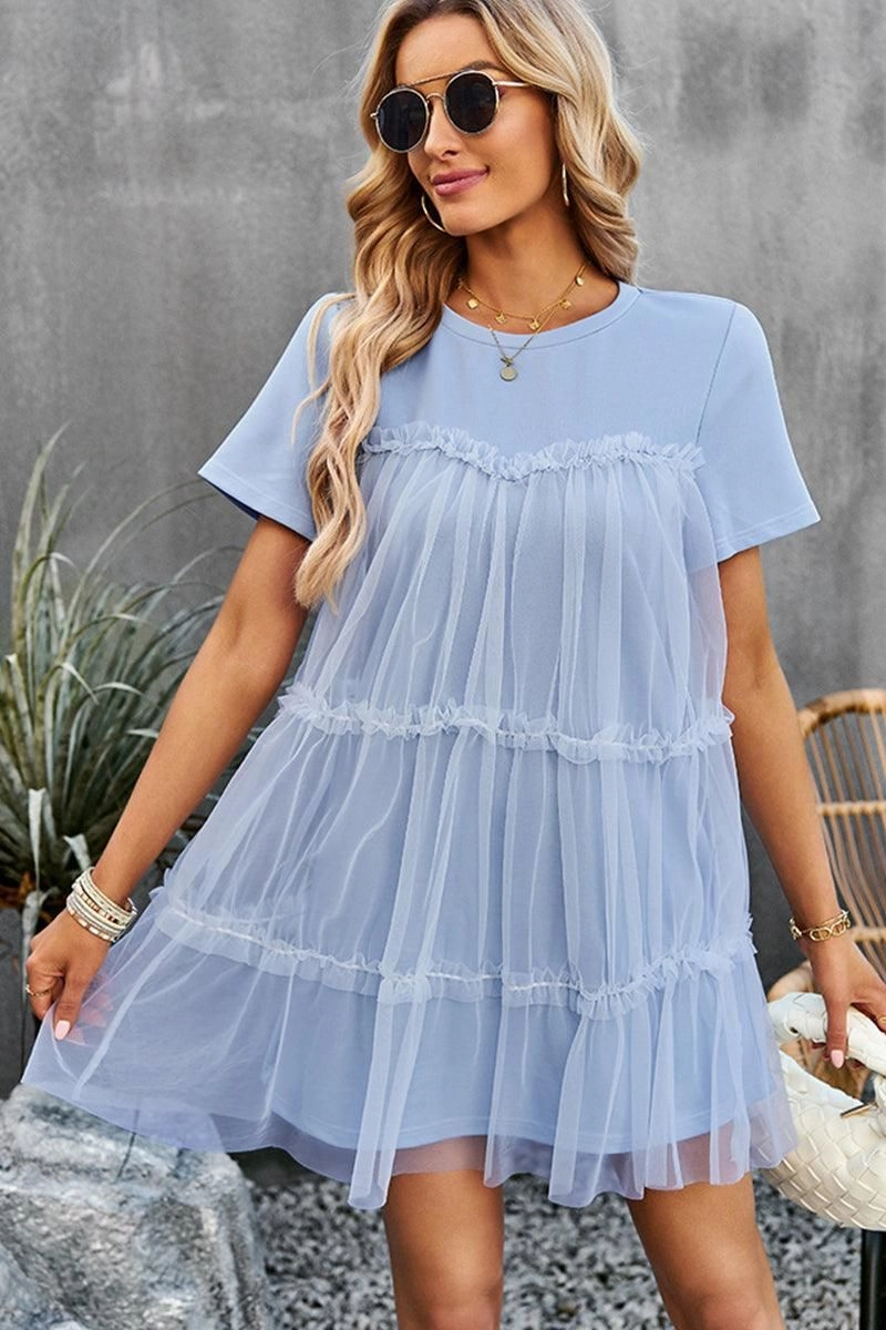 ROUND NECK GAUZE SPLICING SHORT DRESS Elegant Waistband Fit