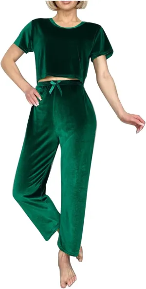 Gold Velvet 2 Piece Pajamas Sets for Women Short Sleeve Round Neck Cropped Top Matching High Waisted Straight Pant
