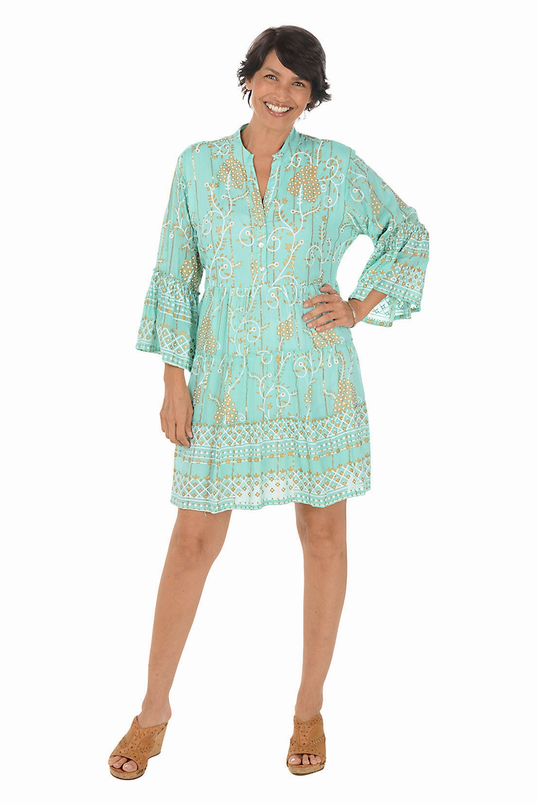 Smooth Layering Golden Scrolls Bell Sleeve Tiered Dress