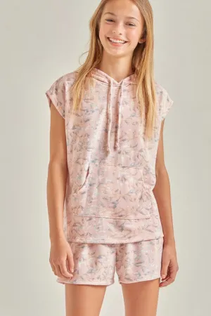 Good Girl - Floral Kangaroo Pocket Hoodie and Shorts Set In Pink