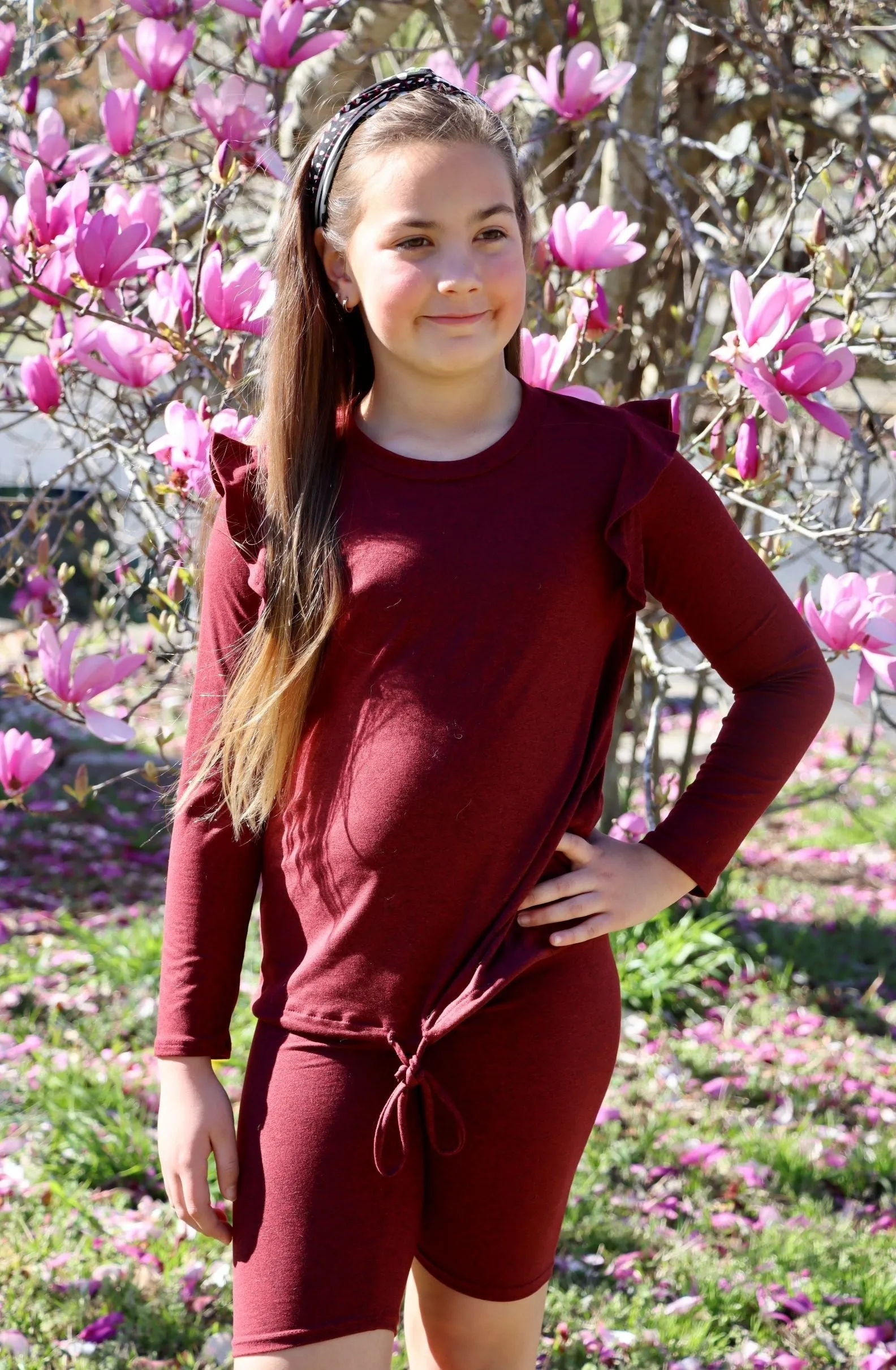 Good Girl - Ruffled Drawstring Top And Biker Shorts Set in Burgundy