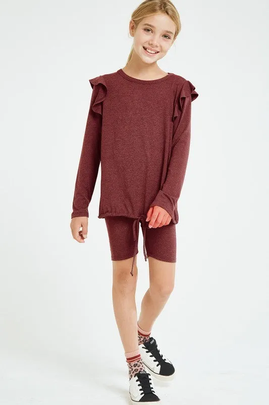 Good Girl - Ruffled Drawstring Top And Biker Shorts Set in Burgundy
