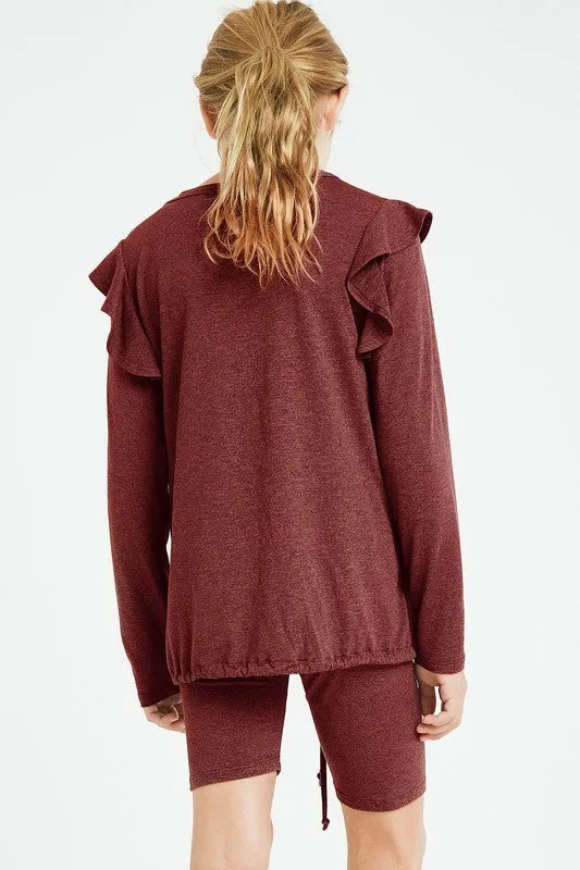 Good Girl - Ruffled Drawstring Top And Biker Shorts Set in Burgundy
