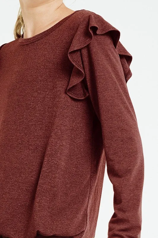 Good Girl - Ruffled Drawstring Top And Biker Shorts Set in Burgundy