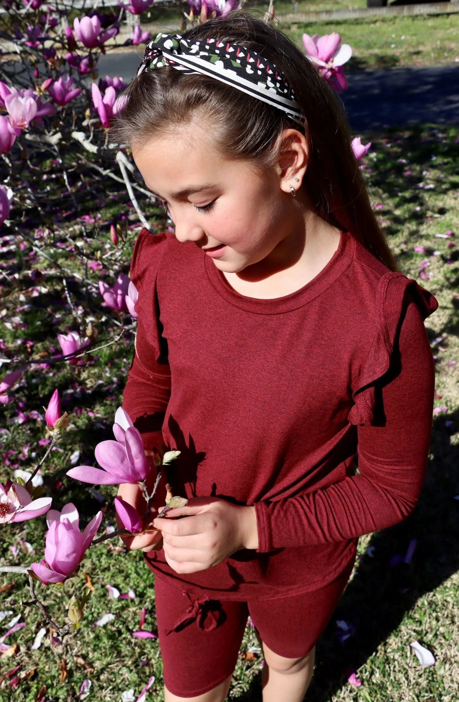 Good Girl - Ruffled Drawstring Top And Biker Shorts Set in Burgundy