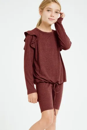 Good Girl - Ruffled Drawstring Top And Biker Shorts Set in Burgundy