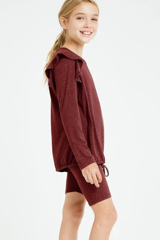 Good Girl - Ruffled Drawstring Top And Biker Shorts Set in Burgundy