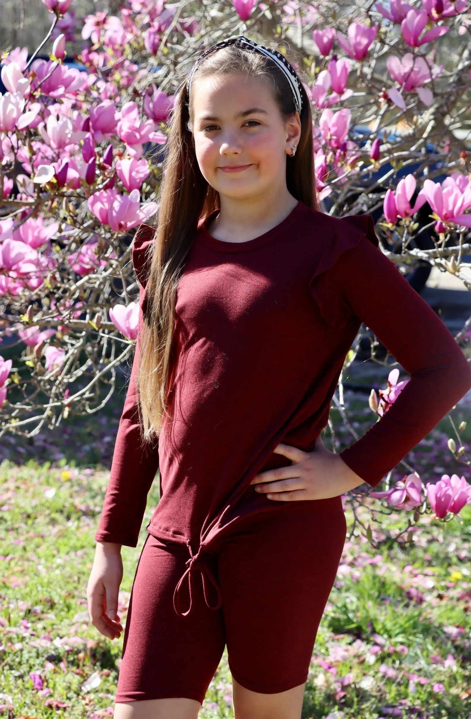 Good Girl - Ruffled Drawstring Top And Biker Shorts Set in Burgundy
