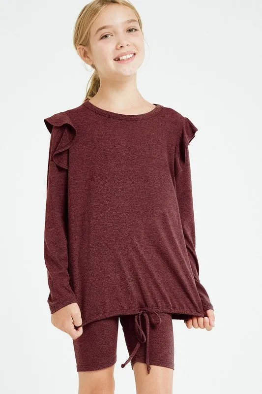 Good Girl - Ruffled Drawstring Top And Biker Shorts Set in Burgundy