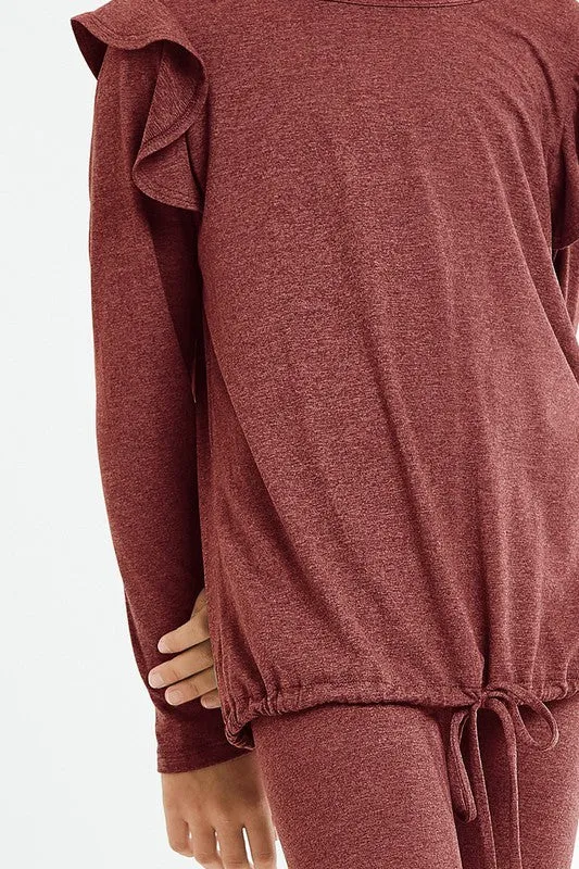 Good Girl - Ruffled Drawstring Top And Biker Shorts Set in Burgundy