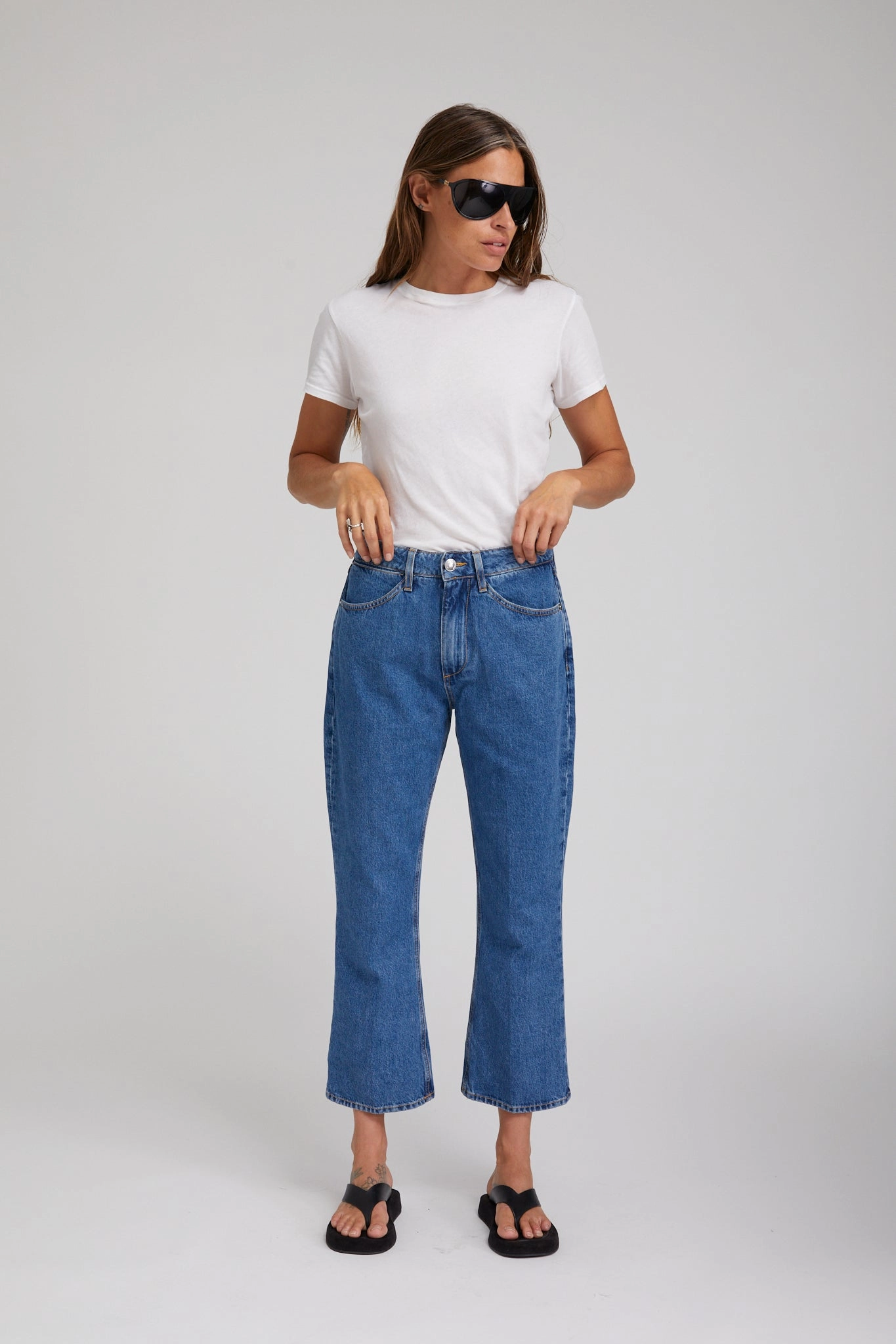 Goodall Crop Flare Denim Pants Grid Back Panel Fray Resistant Edges
