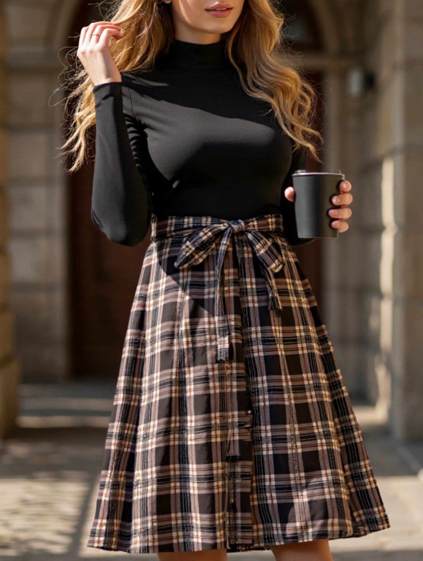 Business casual Elastic-Waist Elegant plaid long dress with stand-up collar
