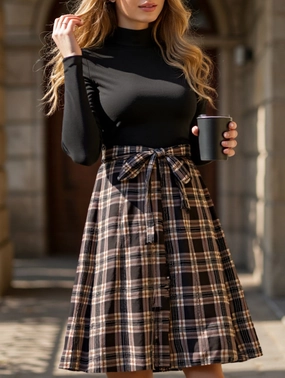 Elegant plaid long dress with stand-up collar Sophisticated Line Fall Piece