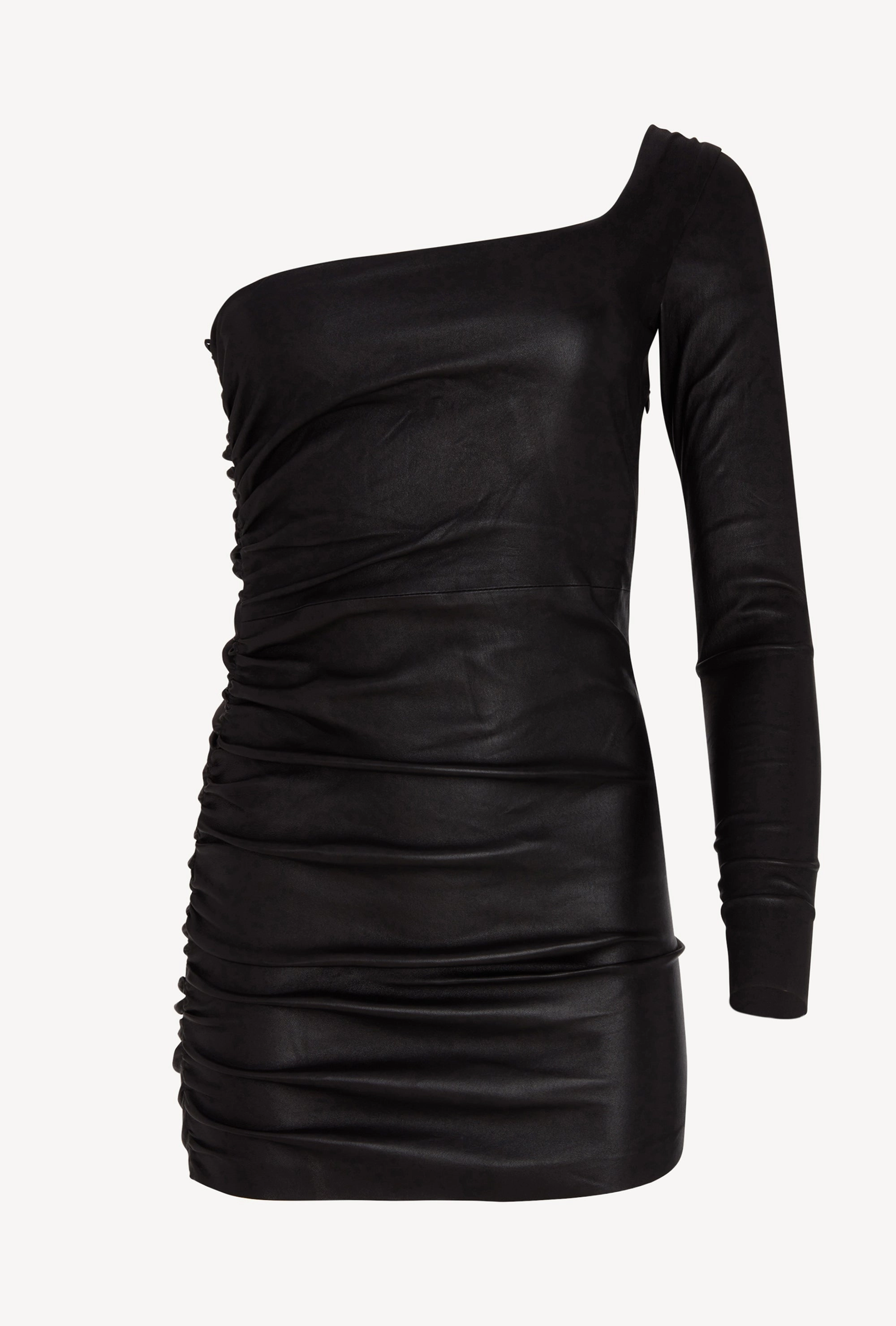 Black Leather One Shoulder Shirred Dress flowy style