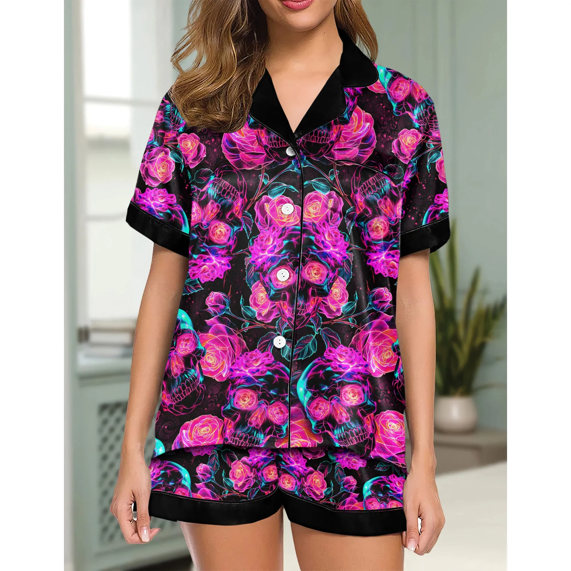 Gradient Neon Skull Women's Pajama Sets Top Sleeve & Short Bottom