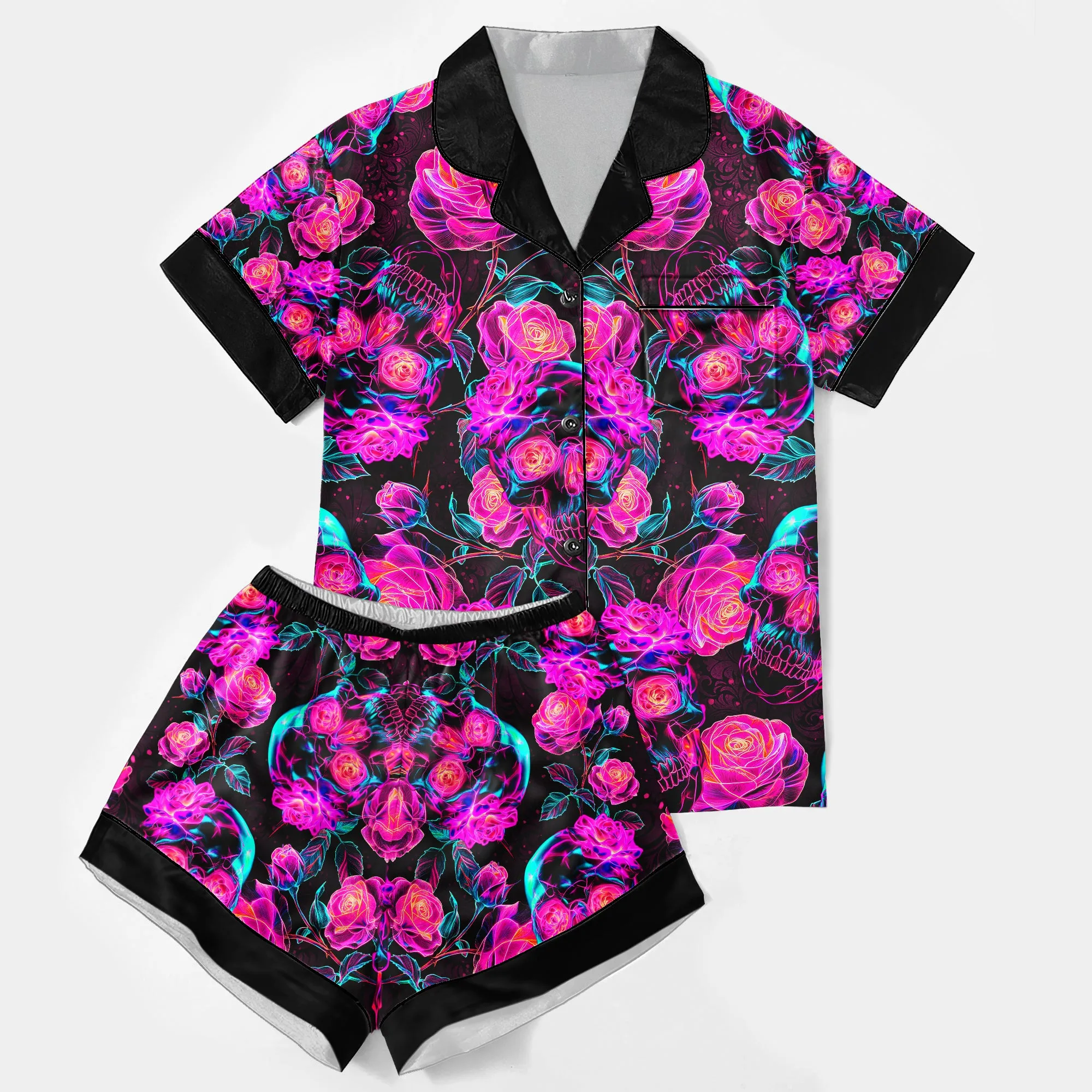 Gradient Neon Skull Women's Pajama Sets Top Sleeve & Short Bottom