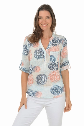 Chrysanthemum Gauze Henley Blouse Versatile Design AntiPillingSurface
