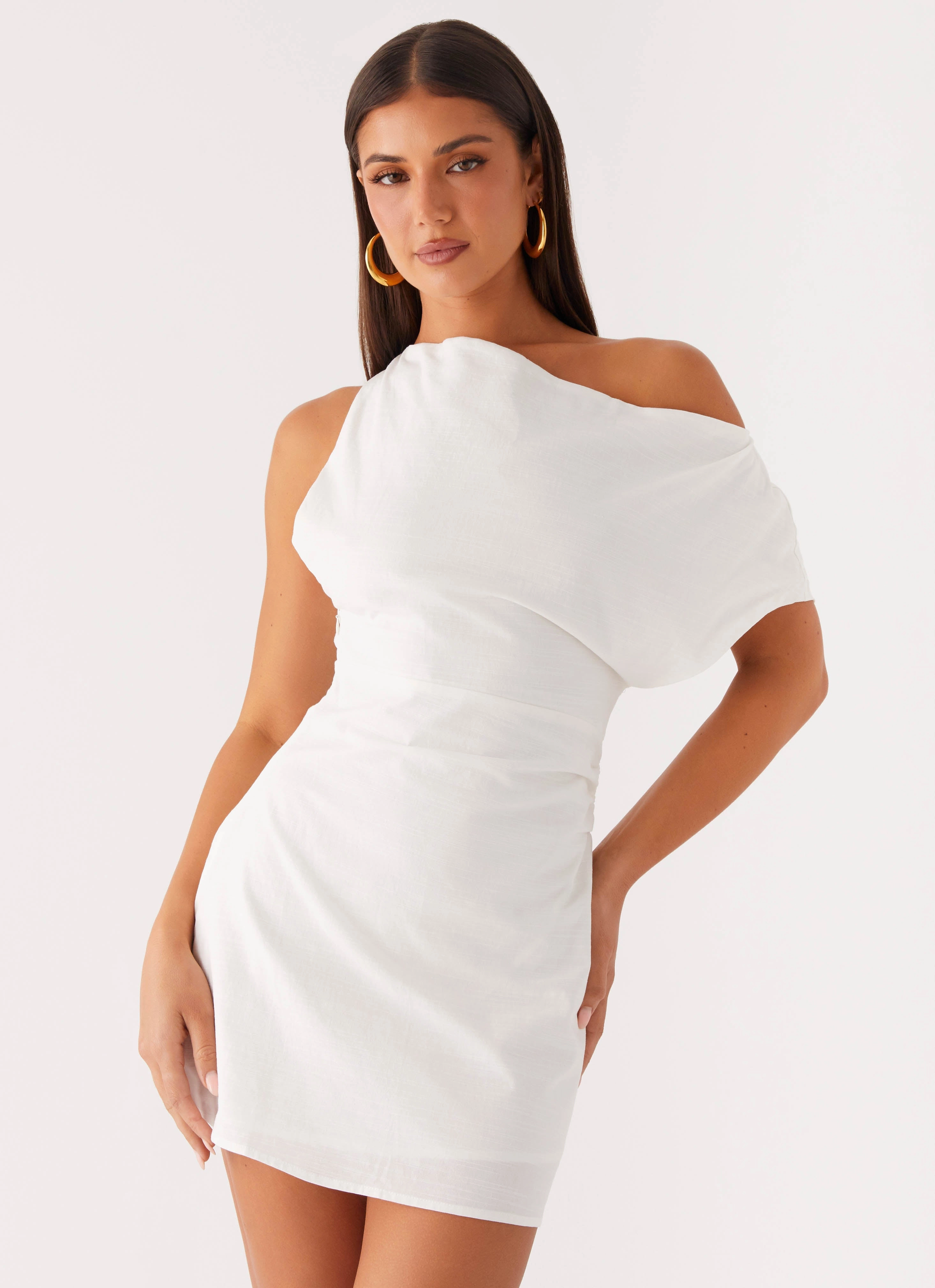 Moonlight Oasis Asymmetrical Mini Dress - Off White Crisp Texture
