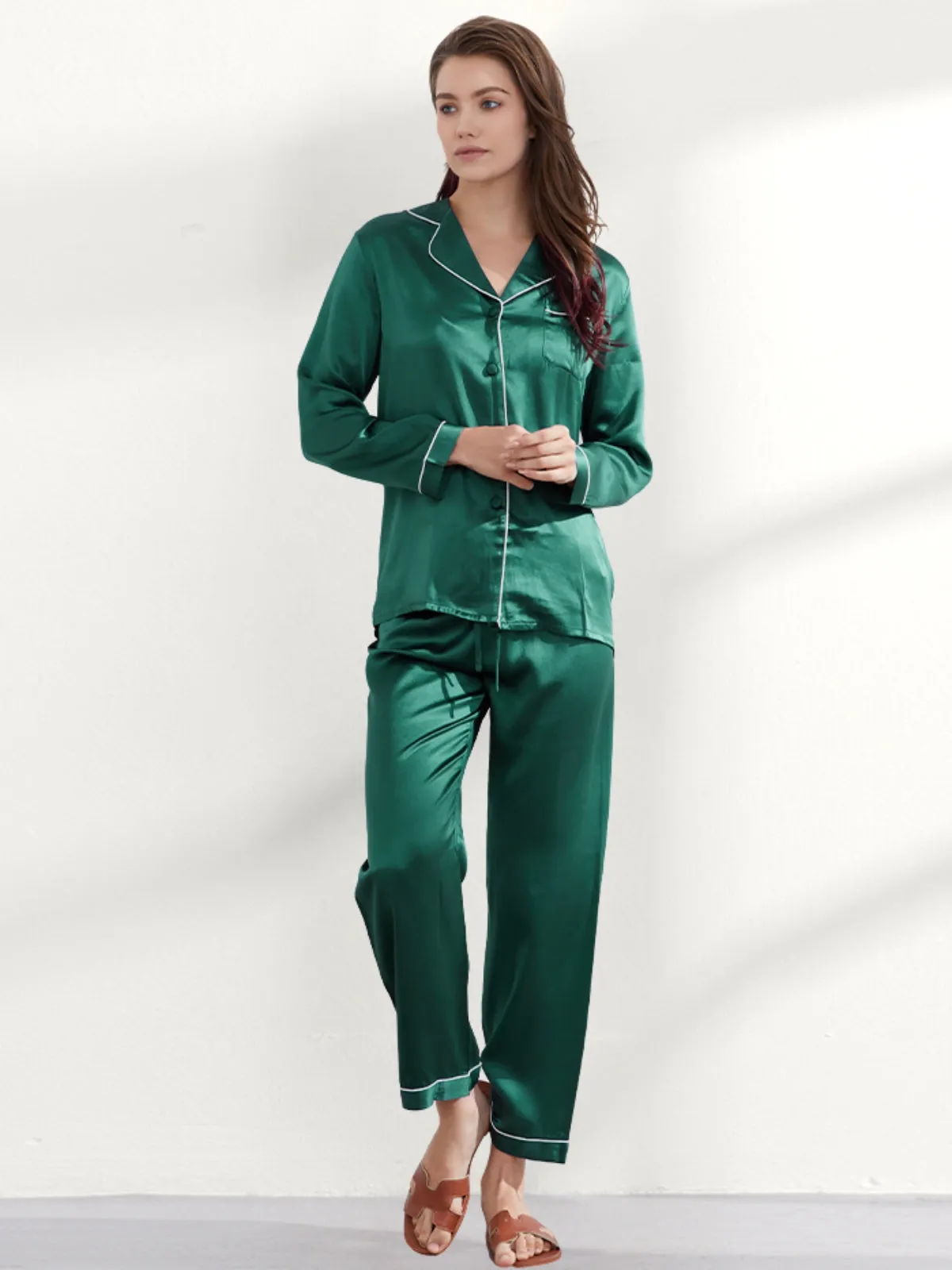 Green Silk Pajamas Set for Women