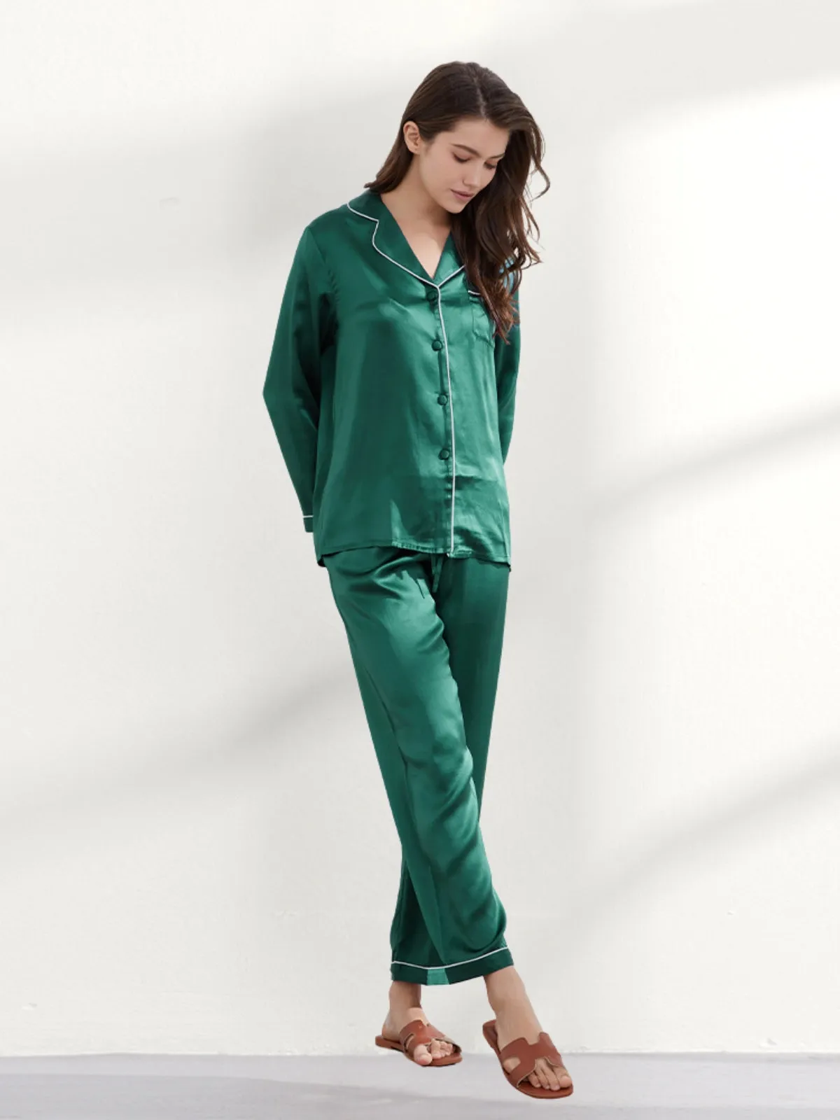 Green Silk Pajamas Set for Women