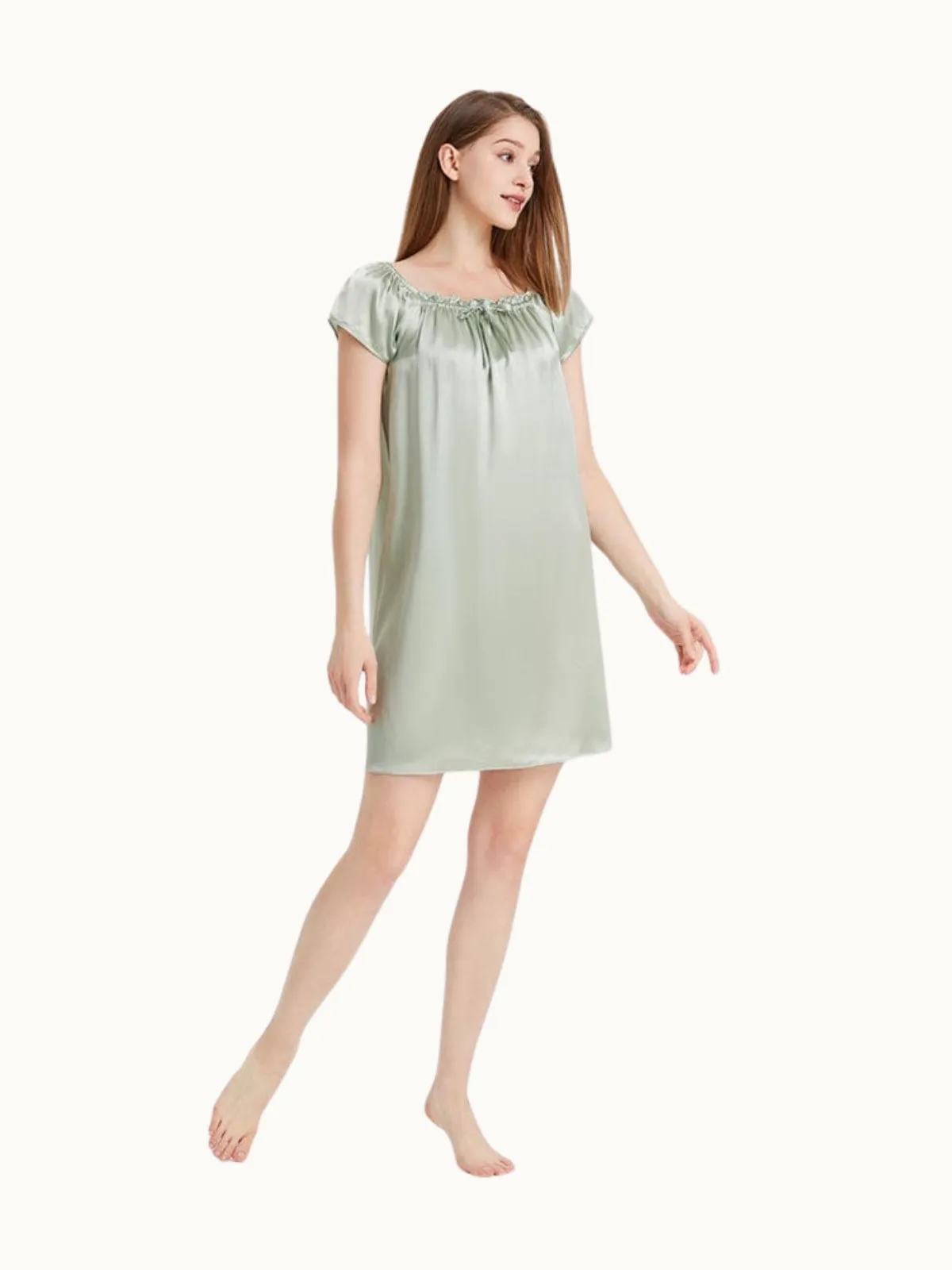 Green Women Short Sleeve Ruffle Silk Chemise
