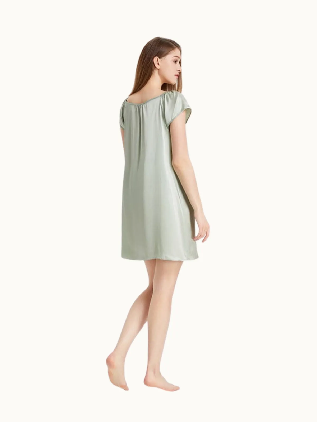 Green Women Short Sleeve Ruffle Silk Chemise