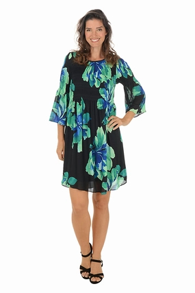 Cool Palette Green Blossoms Pleated Bell Sleeve Dress