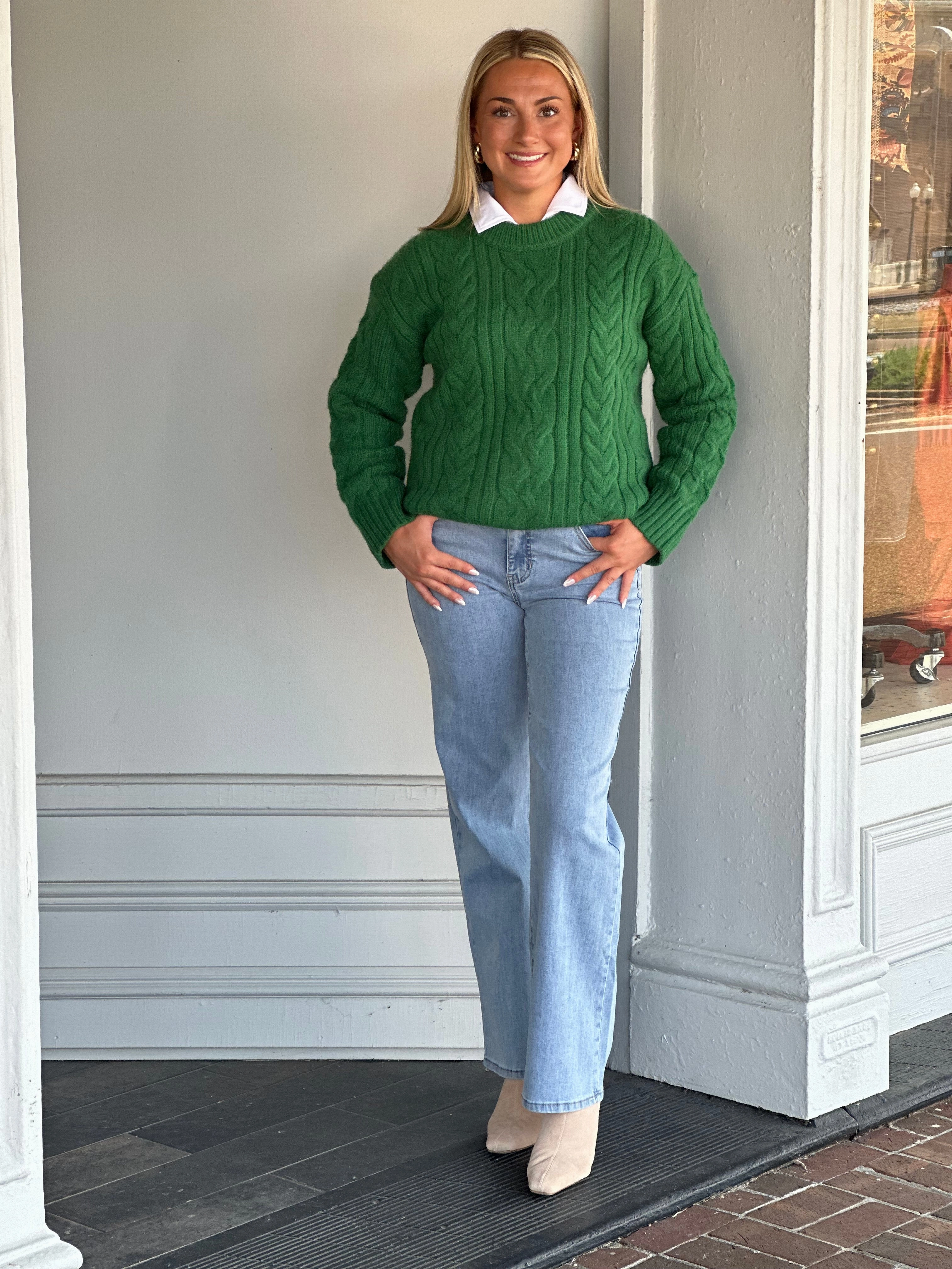 Green Cable Knit Sweater Garment Dyed Finish