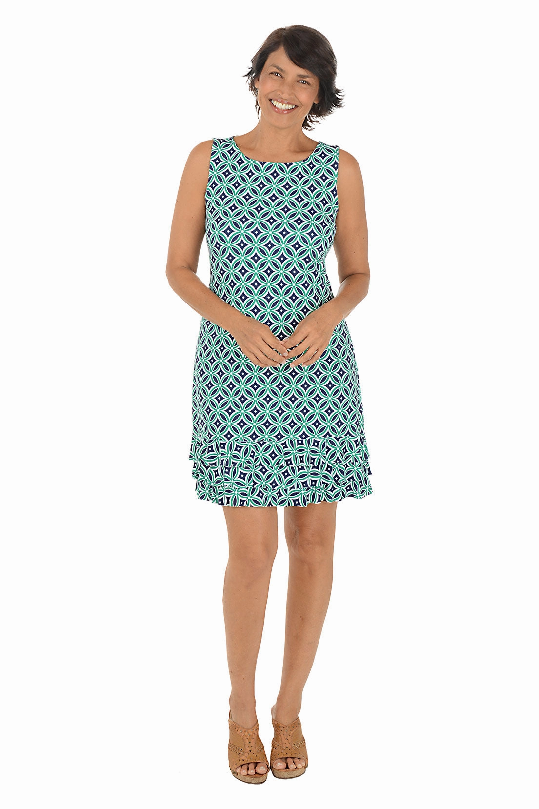 SecurePockets Lightweight Blouse Green Compass Rose UPF50  Sleeveless Ruffled Dress