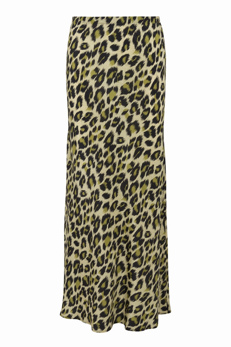 Green Leopard Silk Bias Maxi Skirt Fold Over Design Invisible Seams