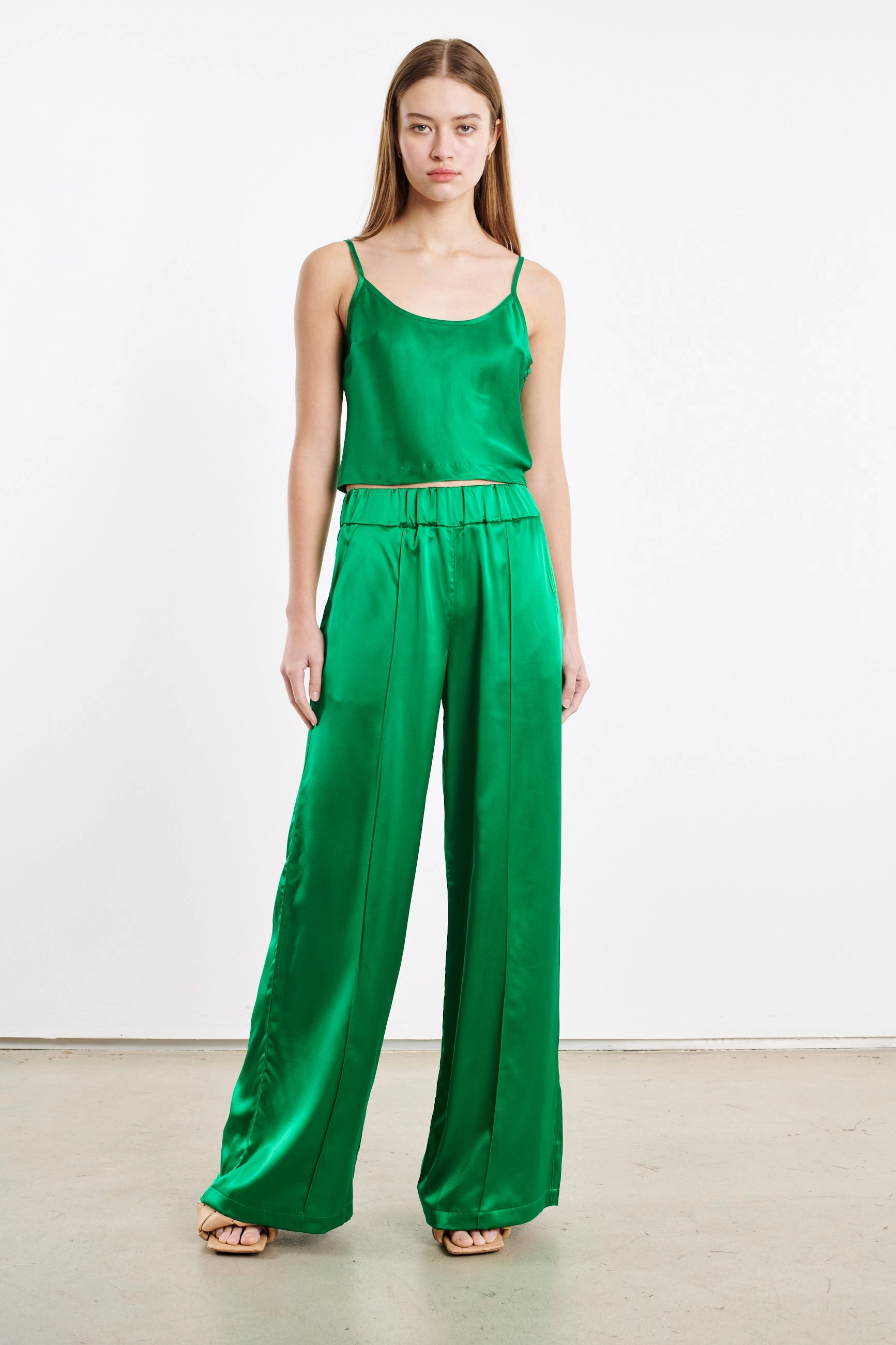 Relaxed Fit Shirt Green Silk Cropped Cami