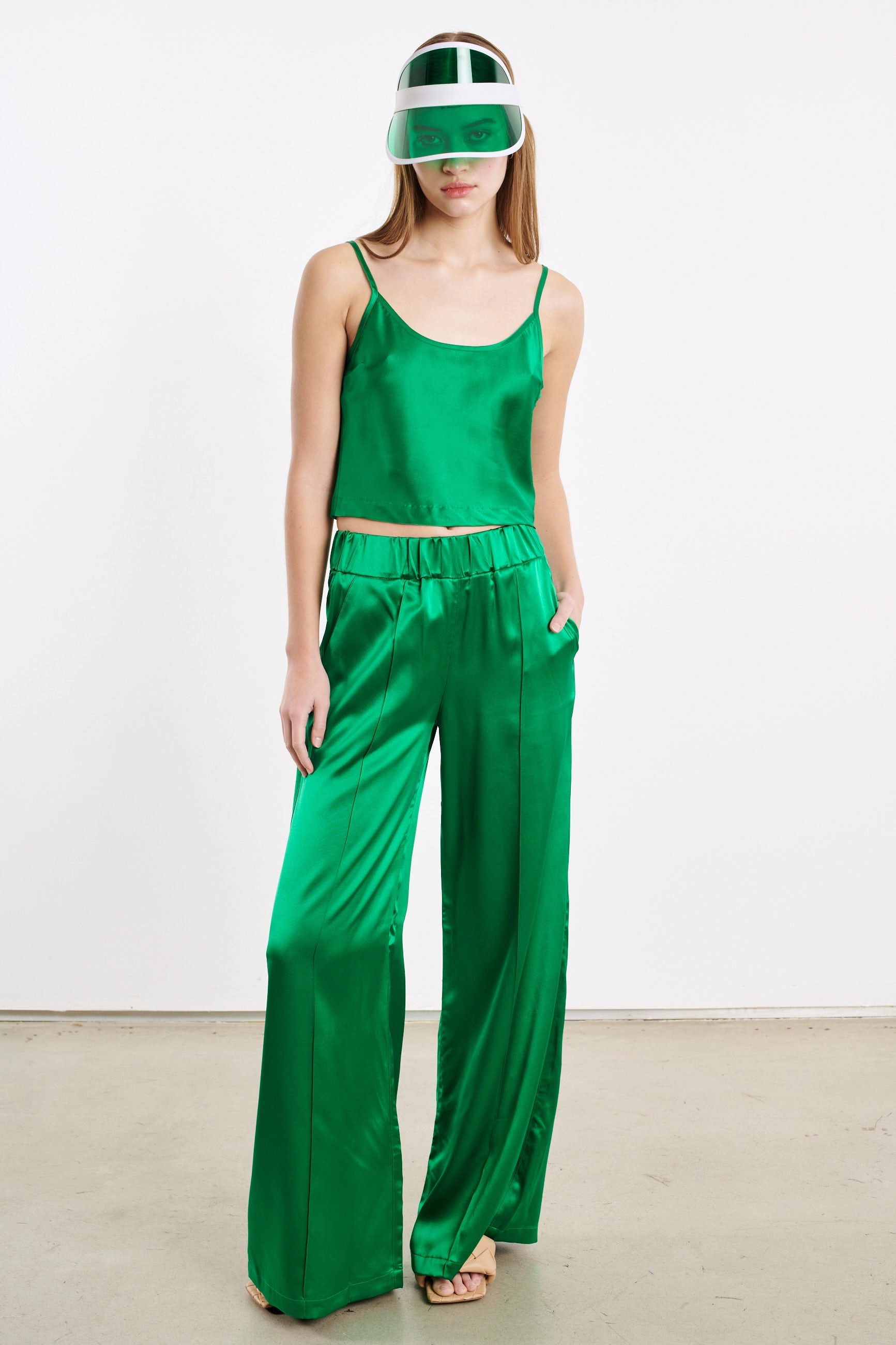 Green Silk Cropped Cami RibbedCuff