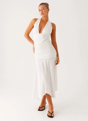 Bold Style Office Glam Grettana Halter Neck Midi Dress - White Polka Dot