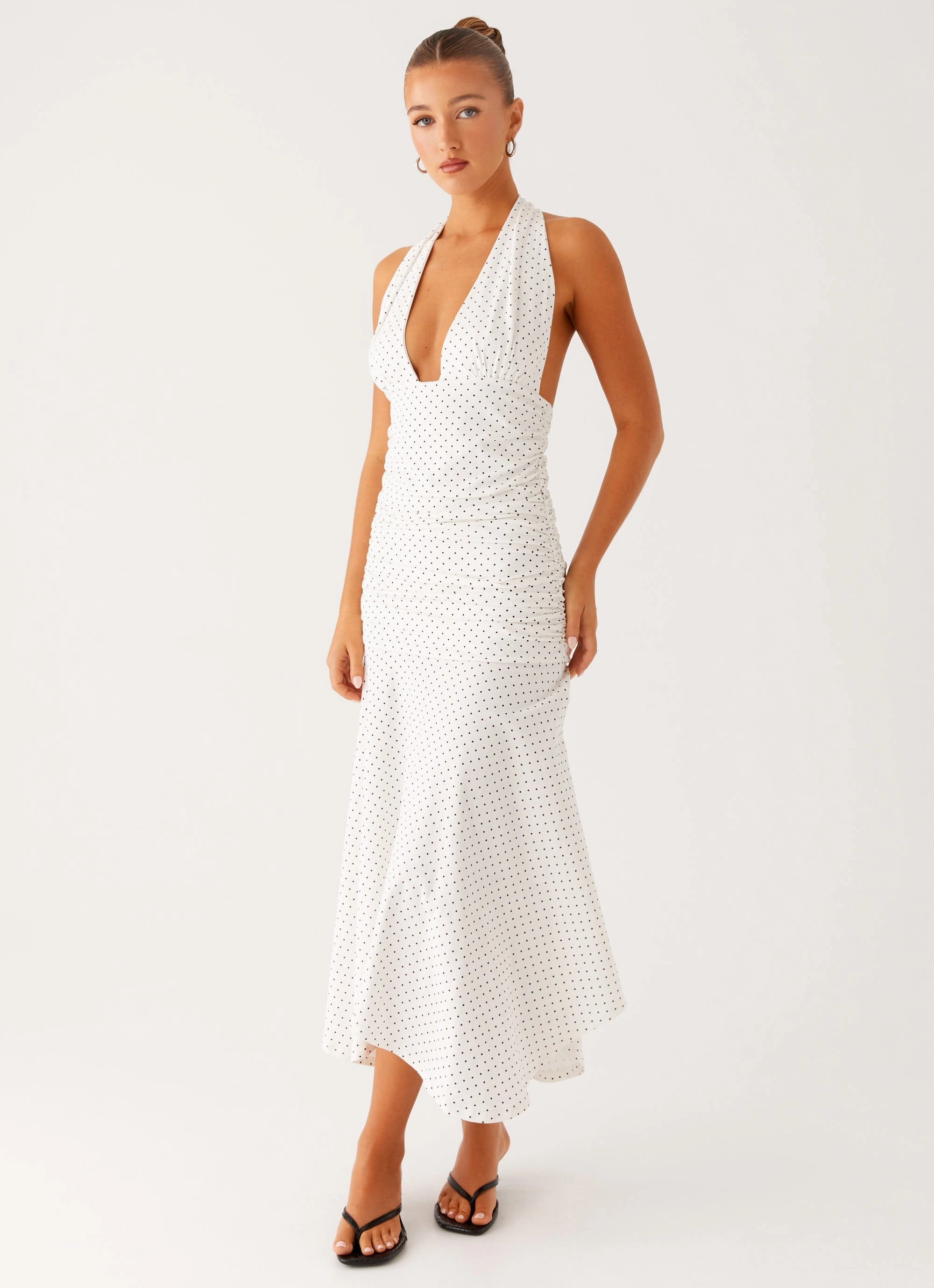 Grettana Halter Neck Midi Dress - White Polka Dot Wool-Blend