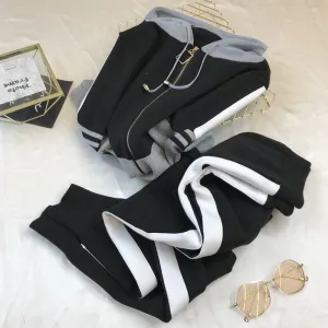Grey and Black Hooded Slim Casual Pants Set